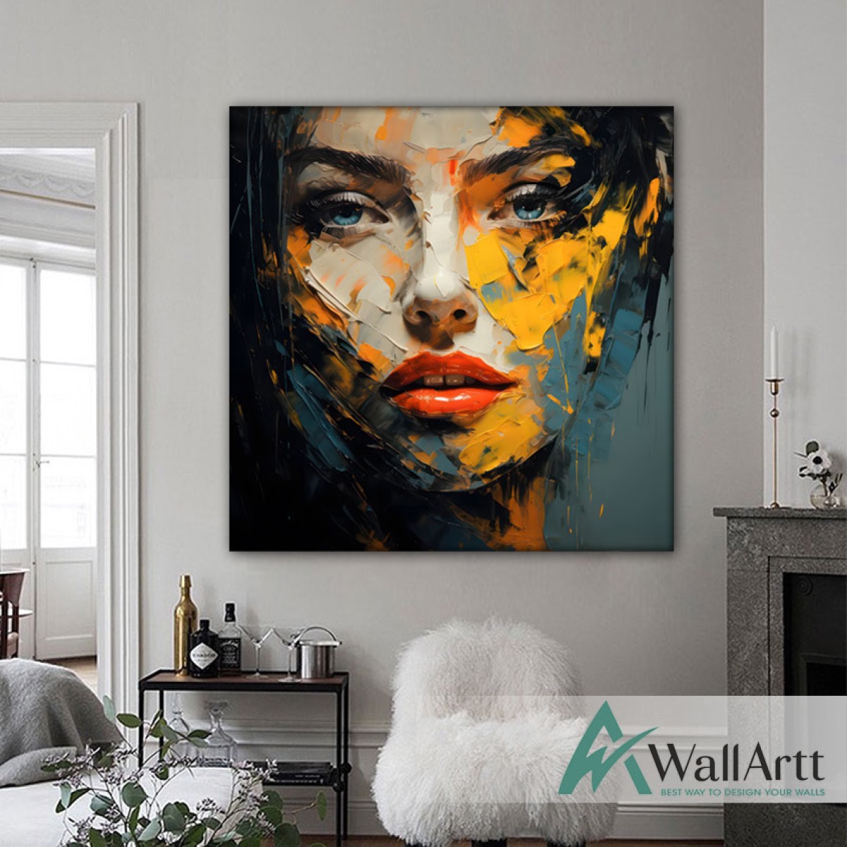 Abstract Yellow Woman Face 3D Heavy Textured Partial Oil Painting